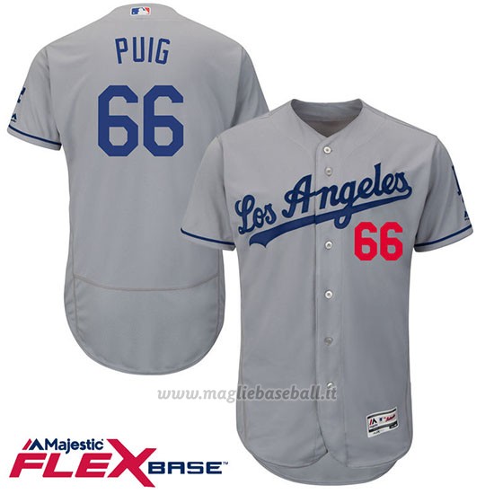 Maglia Baseball Uomo Los Angeles Dodgers Yasiel Puig 66 Grigio Flex Base Autentico Collezione Giocatore